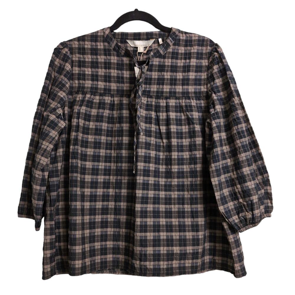 Barbour Lorelie Top Praline Plaid V-neck Seersucker Puff Sleeves 12 New